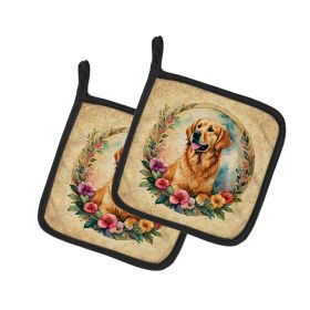 Golden Retriever and Flowers Pair of Pot Holders Kitchen Heat Resistant Pot Holders Sets Oven Hot Pads for Cooking Baking BBQ, 7 1/2 x 7 1/2
