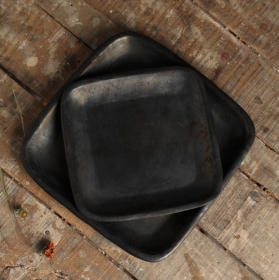 Union Rustic Lenneke Stone Platter  Longpi Pottery Square Plate - Large (Color: Black)